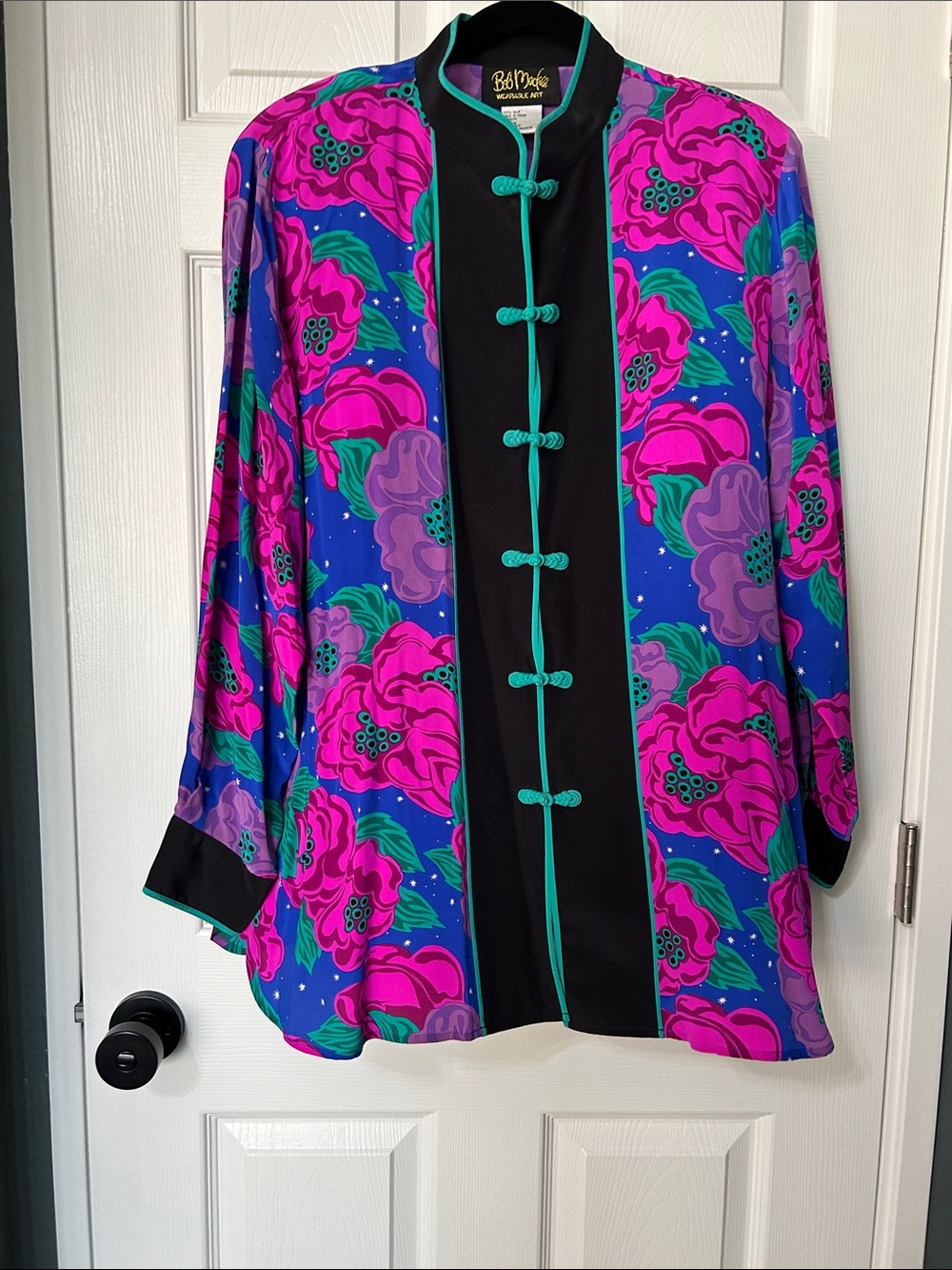 Bob Mackie Floral Mandarin-Collar Jacket in Fuchsia, Blue & Black